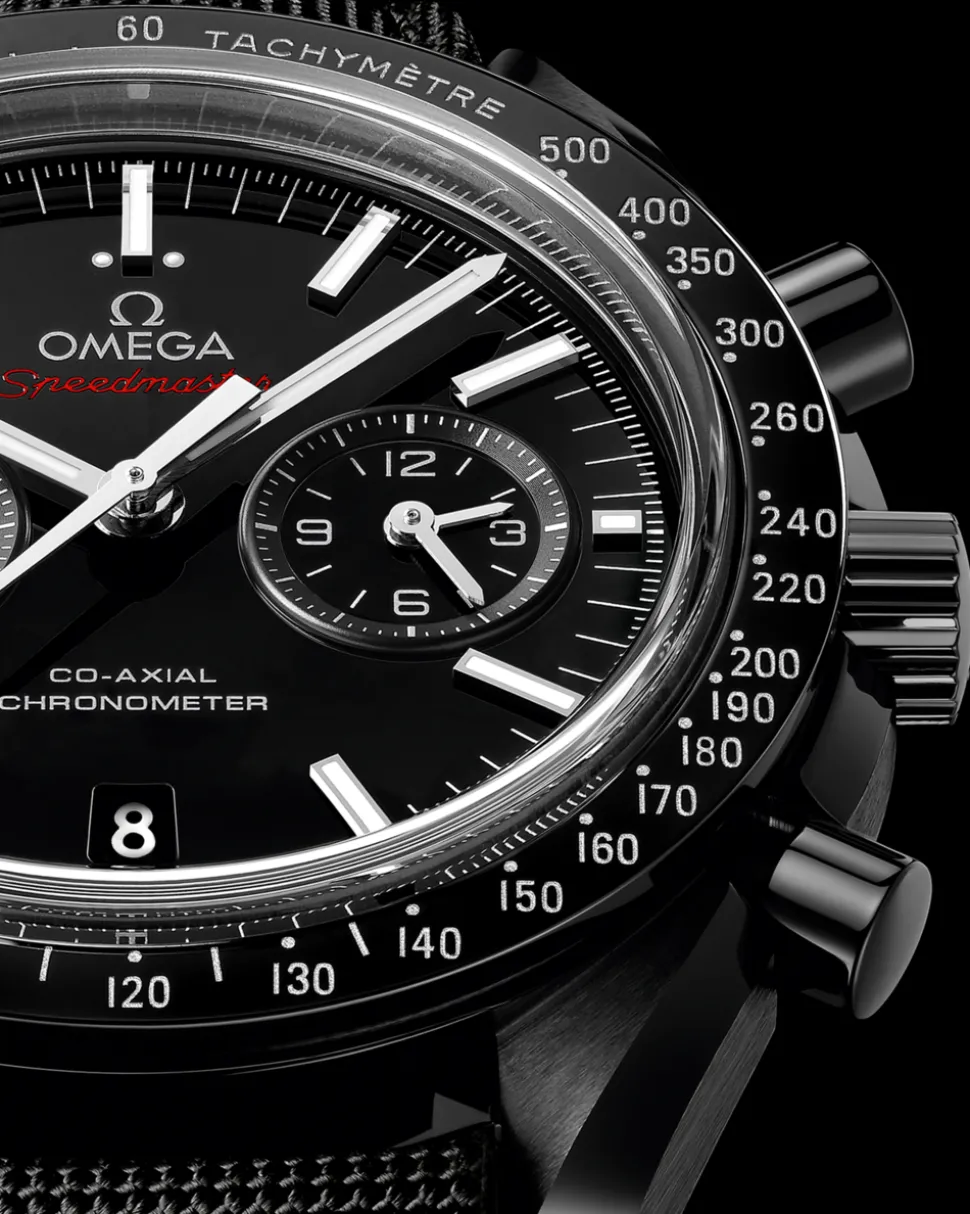 44.25 mm, black ceramic on coated nylon fabric strap with foldover clasp
