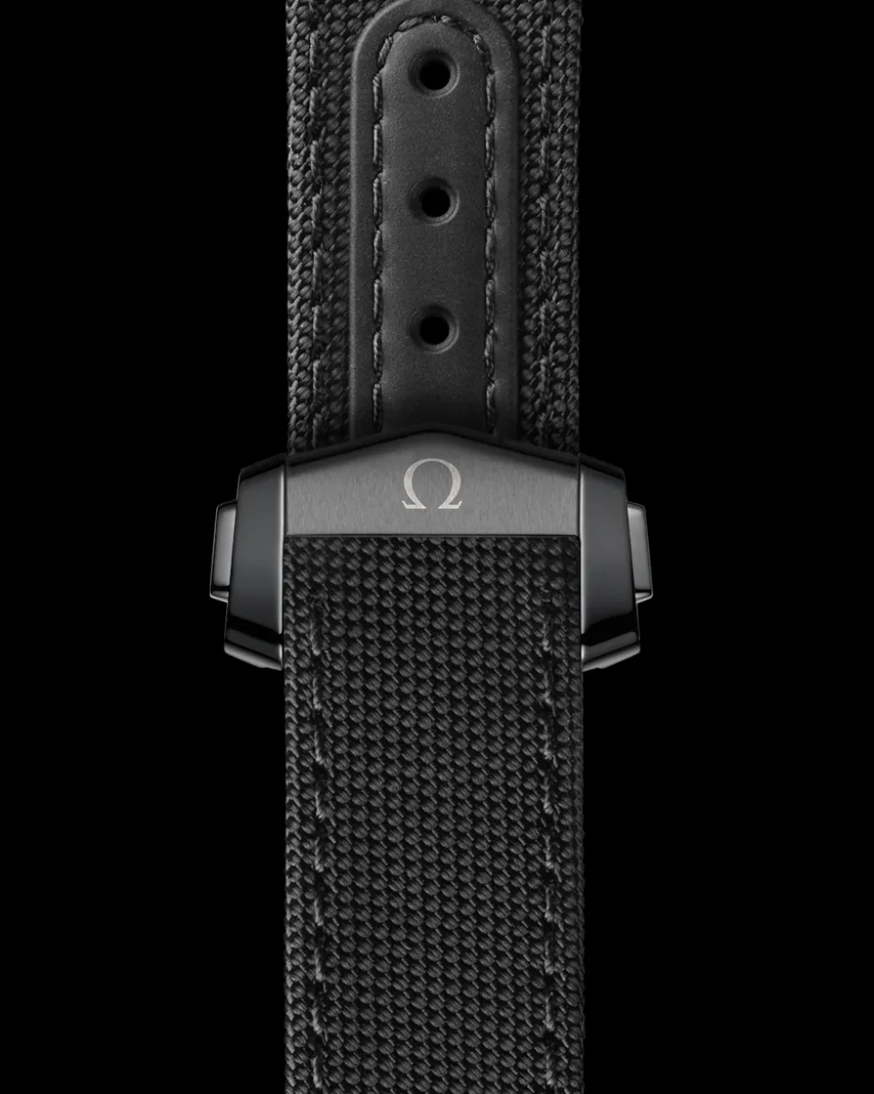 44.25 mm, black ceramic on coated nylon fabric strap with foldover clasp
