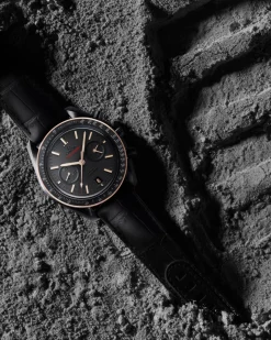 44.25 mm, black ceramic on leather strap