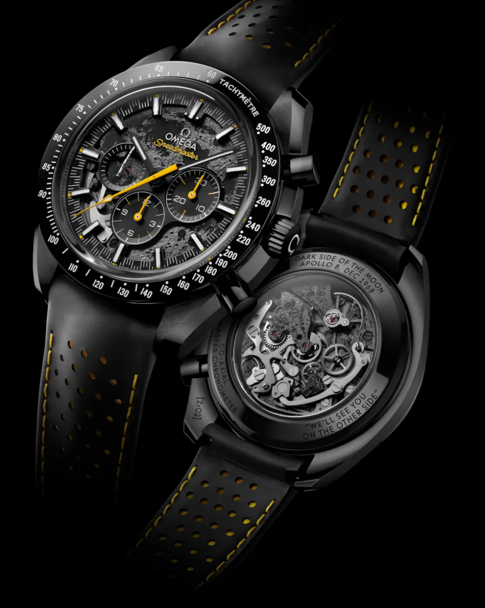 44.25 mm, black ceramic on rubber strap