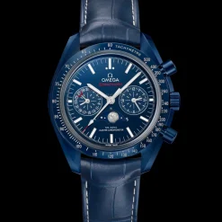 44.25 mm, blue ceramic on leather strap