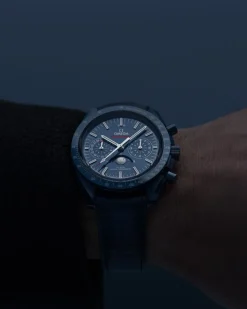 44.25 mm, blue ceramic on leather strap