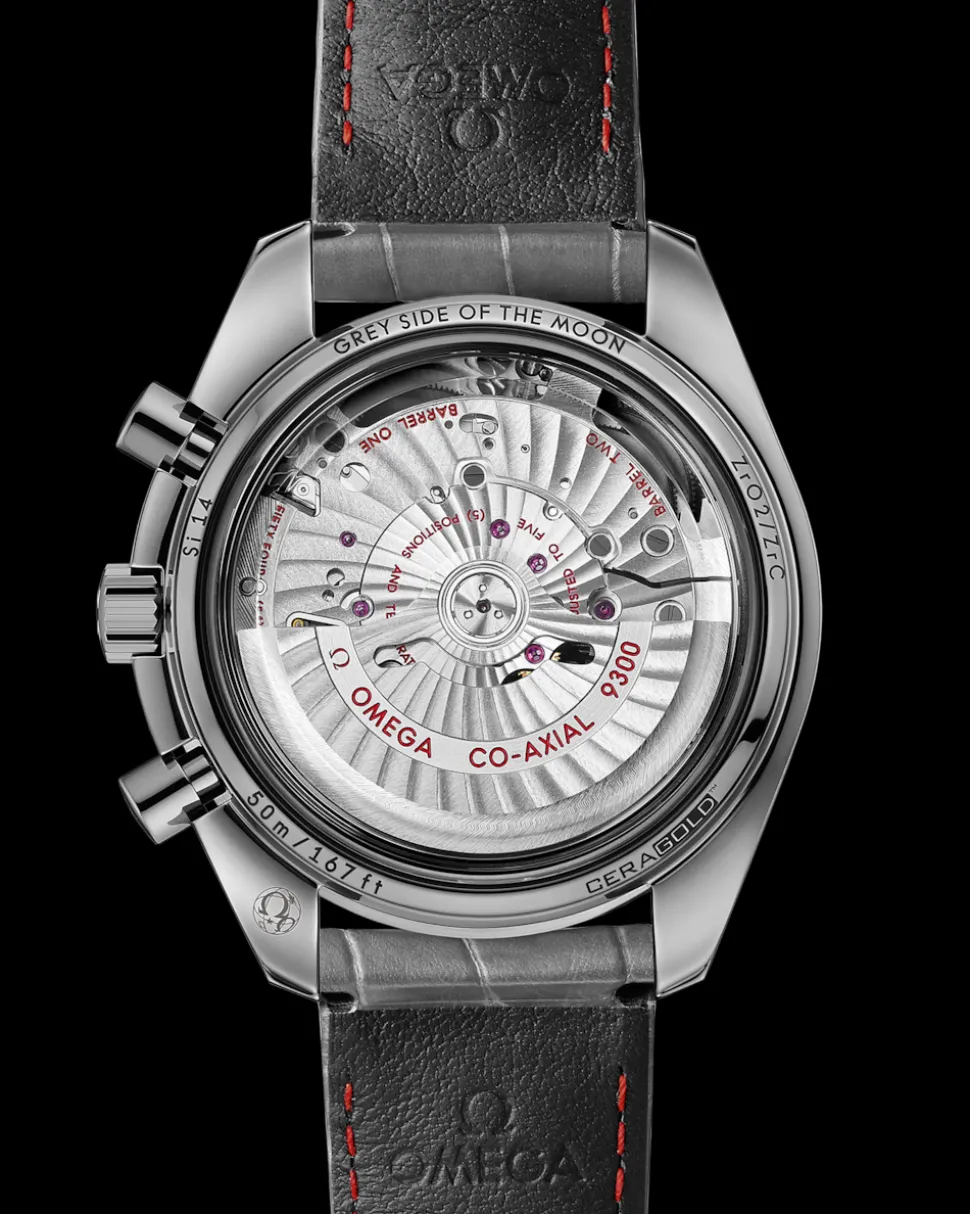 44.25 mm, grey ceramic on leather strap with foldover clasp