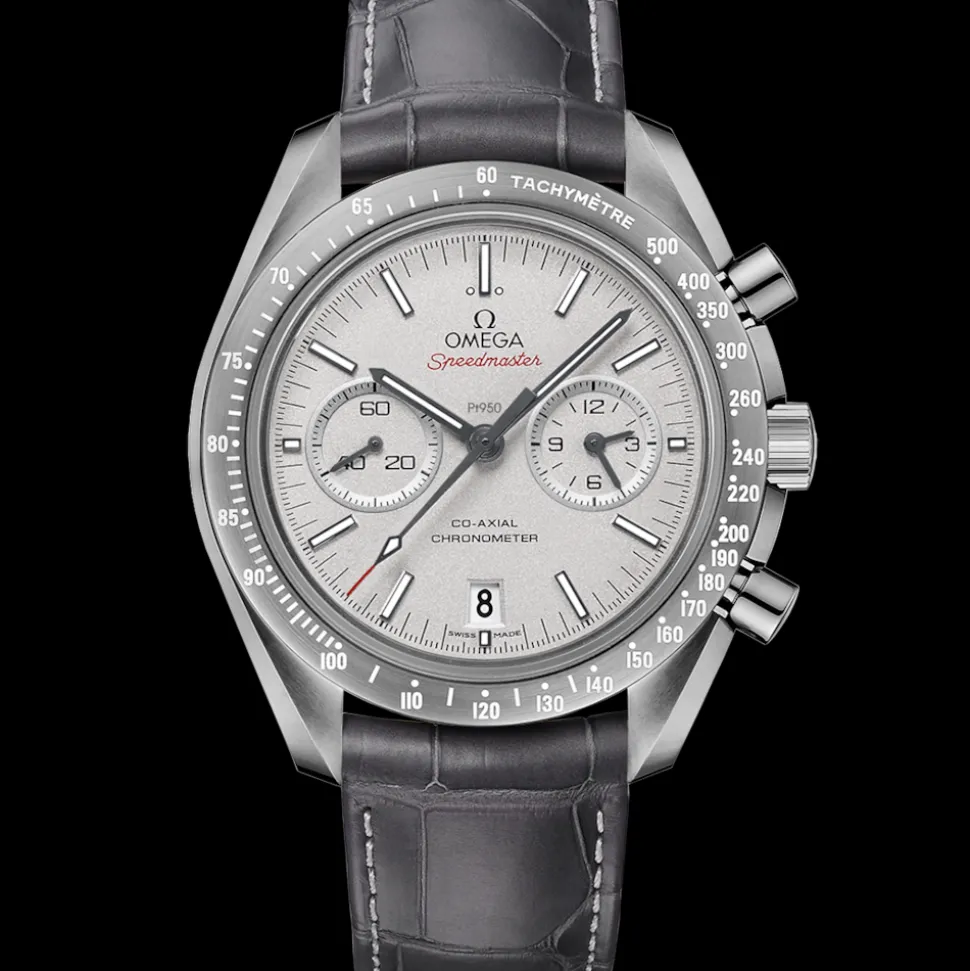 44.25 mm, grey ceramic on leather strap with foldover clasp