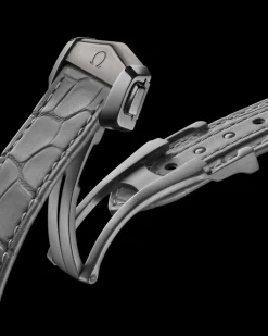 44.25 mm, grey ceramic on leather strap with foldover clasp