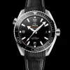 43.5 mm, steel on leather strap with rubber lining