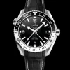 43.5 mm, steel on leather strap with rubber lining