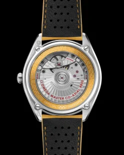 39.5 mm, steel on leather strap