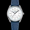 39.5 mm, steel on leather strap