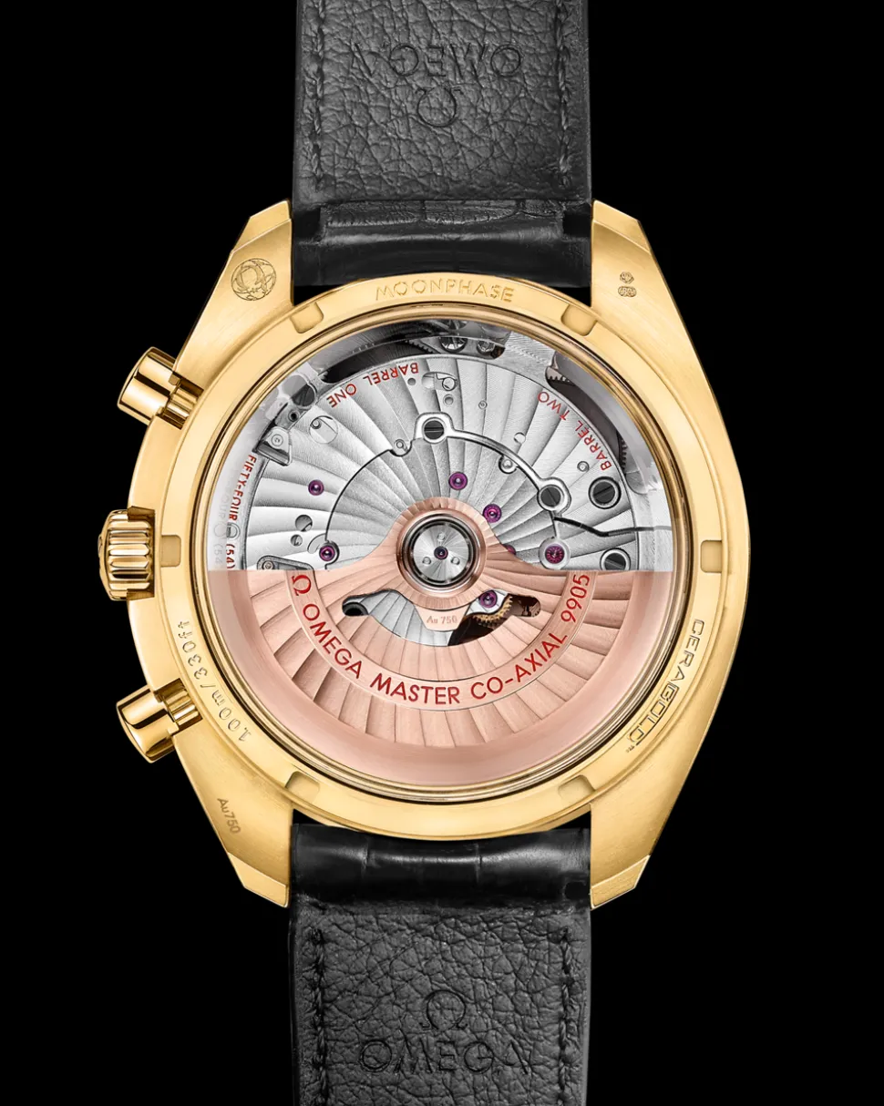 44.25 mm, yellow gold on leather strap